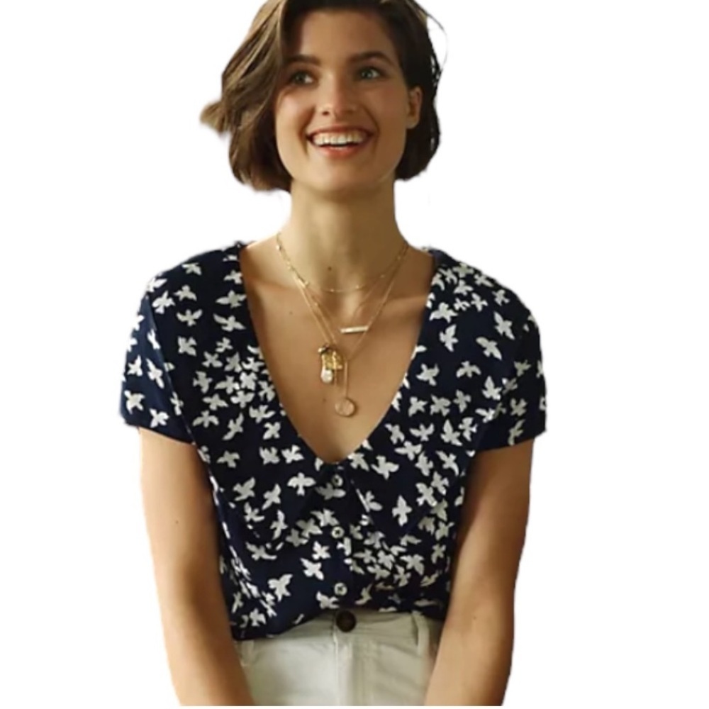 Anthropologie Maeve Austin Navy and White Bird Print Top - Size 0